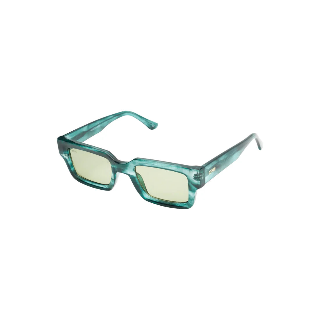 Unisex Sefsan Evolution sunglasses featuring durable teal tortoise frame, UV-protected transparent green lens, and contemporary design for men and women side view 
