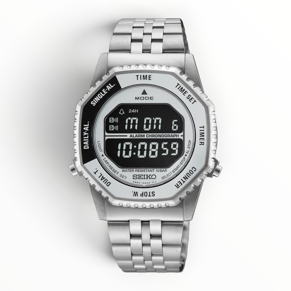 SUL EXTRAS Seiko Rotocall digital watch with a silver stainless steel case, multi-link bracelet, and rotating bezel.