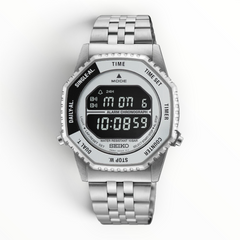 SUL EXTRAS Seiko Rotocall digital watch with a silver stainless steel case, multi-link bracelet, and rotating bezel.