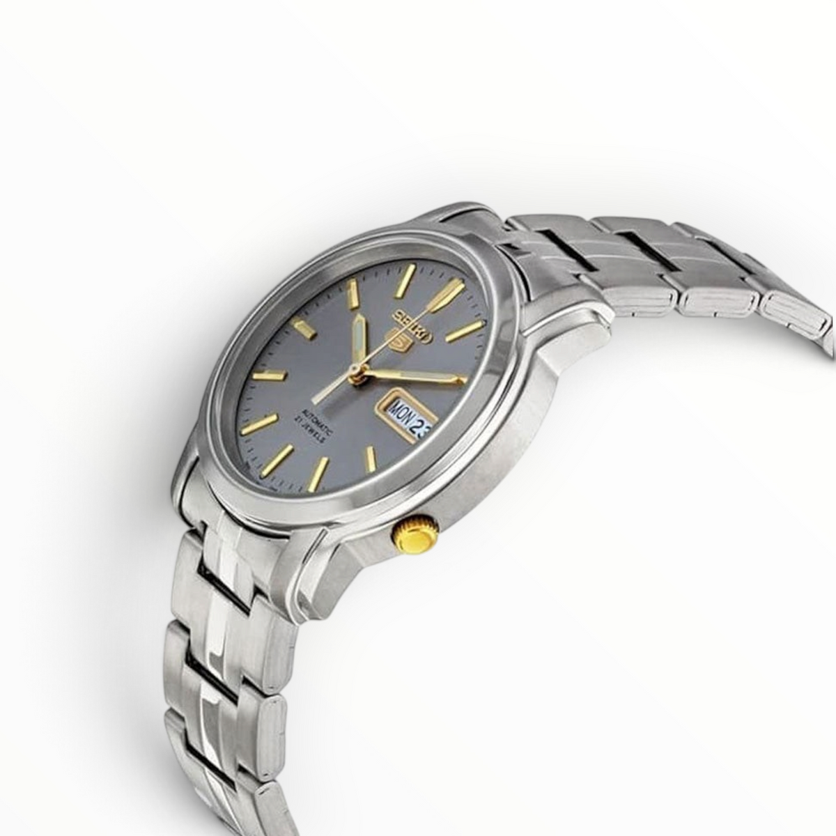 SUL EXTRAS Seiko 5 automatic watch with grey dial, gold-tone hands, and silver stainless steel bracelet