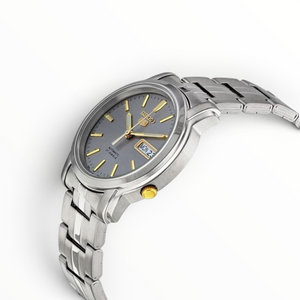 SUL EXTRAS Seiko 5 automatic watch with grey dial, gold-tone hands, and silver stainless steel bracelet