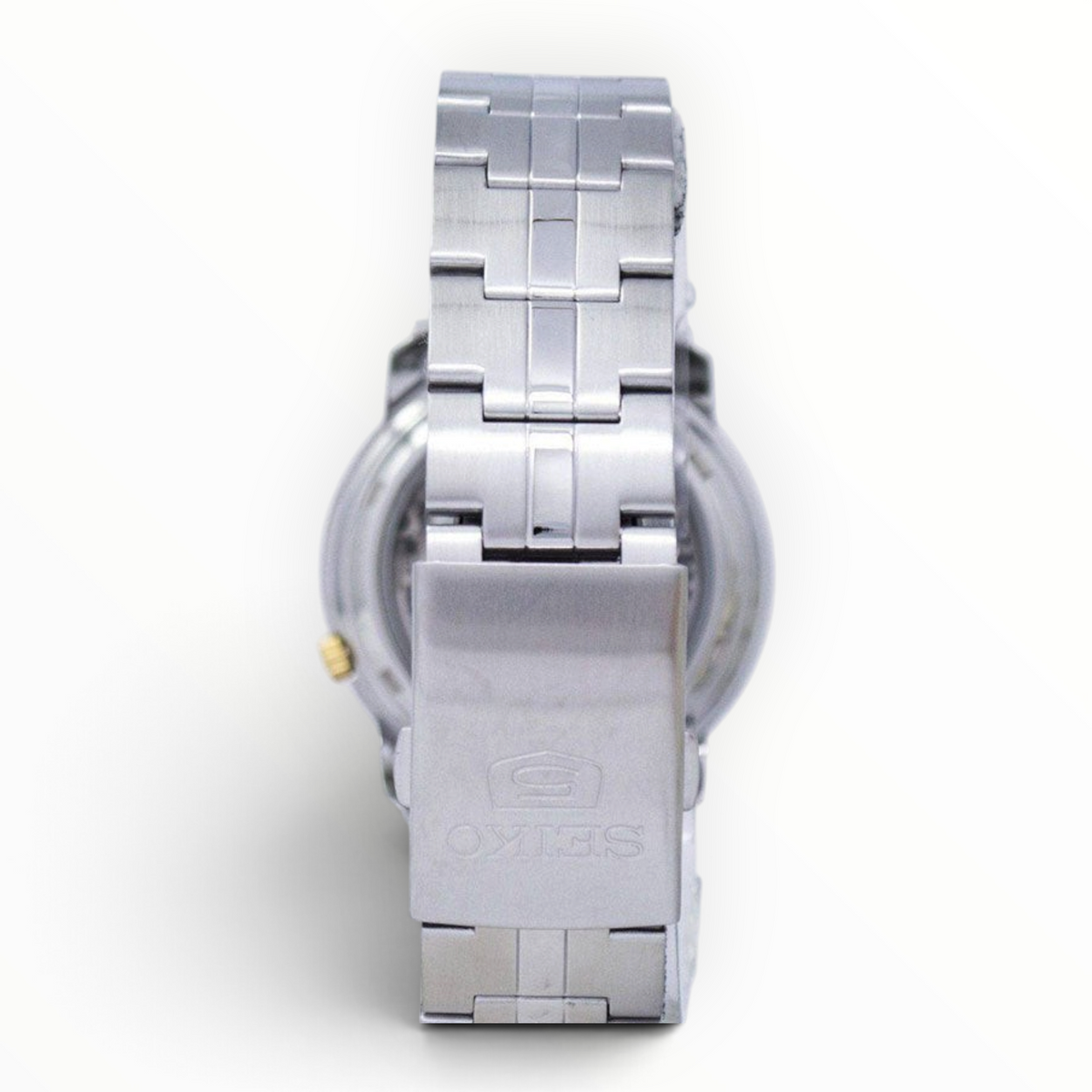 SUL EXTRAS Seiko 5 automatic watch featuring a silver-tone stainless steel bracelet with a fold-over clasp