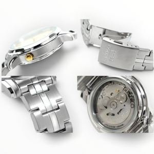 SUL EXTRAS Seiko 5 automatic watch details showing gold crown, stainless steel bracelet, clasp, and exhibition back.