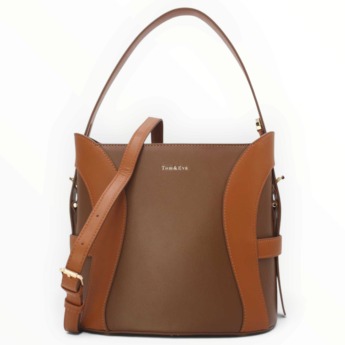 SUL EXTRAS Tom & Eva bucket bag in two-tone brown synthetic leather with top handle and adjustable shoulder strap.