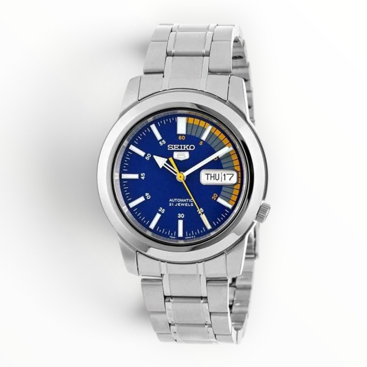 SUL EXTRAS Seiko 5 Speed Racer automatic watch with blue dial, yellow accents, and silver-tone stainless steel band.