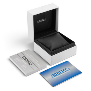 SUL EXTRAS Seiko Essentials watch presentation box with instruction manuals and warranty booklet on white background