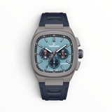 SUL EXTRAS Tornado Aristocrate men's chronograph watch with gunmetal cushion case, ice blue dial, and navy rubber strap.