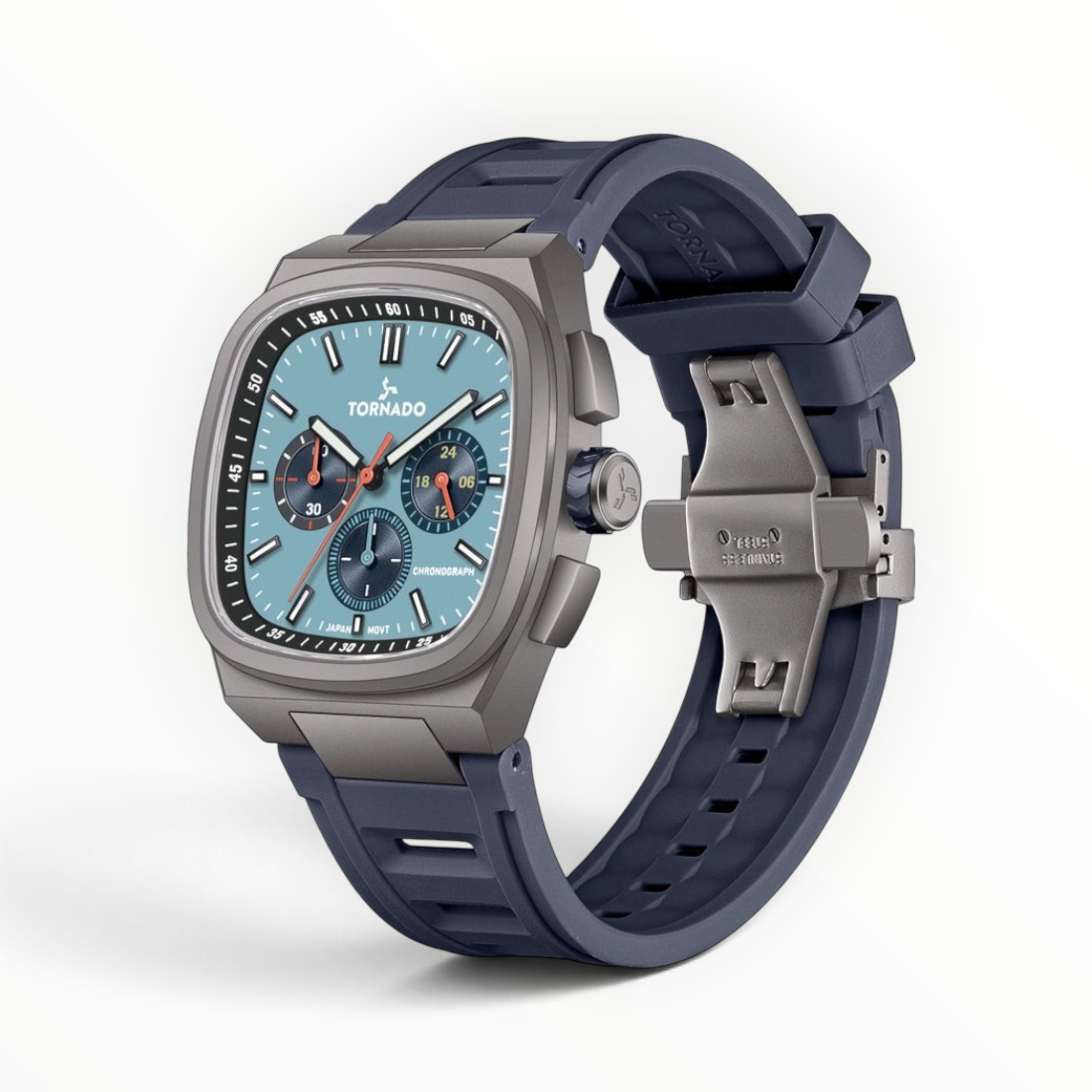 SUL EXTRAS Tornado Aristocrate cushion-square chronograph watch with gunmetal case, ice blue dial, and navy rubber strap.