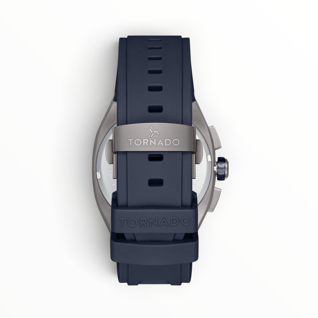 SUL EXTRAS Tornado Aristocrate watch featuring a navy blue rubber strap with a branded butterfly clasp and gunmetal case.