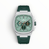 SUL EXTRAS Tornado Aristocrate cushion-square chronograph watch with a sage green dial, silver case, and rubber strap.