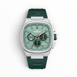 SUL EXTRAS Tornado Aristocrate cushion-square chronograph watch with a sage green dial, silver case, and rubber strap.