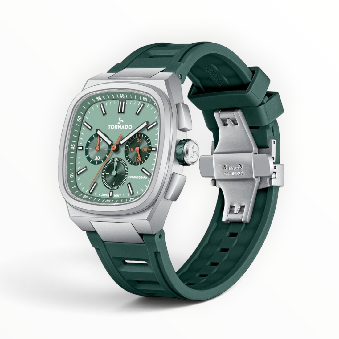 SUL EXTRAS Tornado Aristocrate cushion-square chronograph watch with a silver case, sage green dial, and rubber strap.