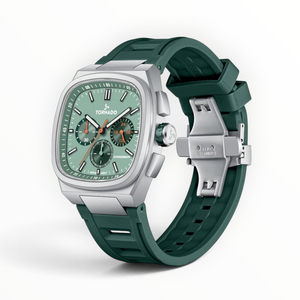 SUL EXTRAS Tornado Aristocrate cushion-square chronograph watch with a silver case, sage green dial, and rubber strap.