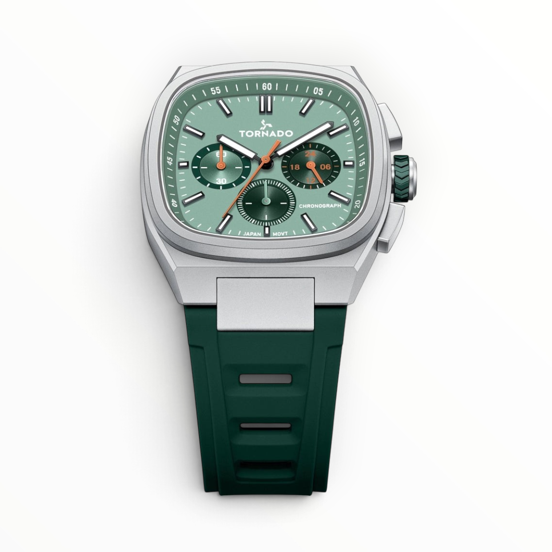 SUL EXTRAS Tornado Aristocrate cushion-square chronograph watch with a silver case, sage green dial, and green rubber strap.