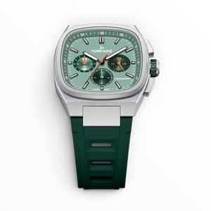 SUL EXTRAS Tornado Aristocrate cushion-square chronograph watch with a silver case, sage green dial, and green rubber strap.