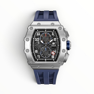 SUL EXTRAS Tsar Bomba tonneau chronograph watch with black skeleton dial and navy blue silicone strap.