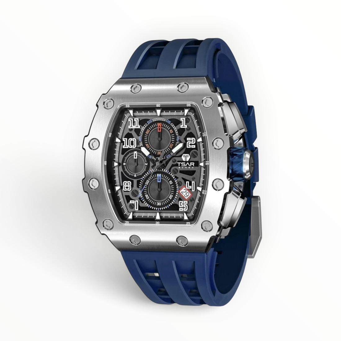 SUL EXTRAS Tsar Bomba tonneau chronograph watch with black skeleton dial, stainless steel case, and navy silicone strap