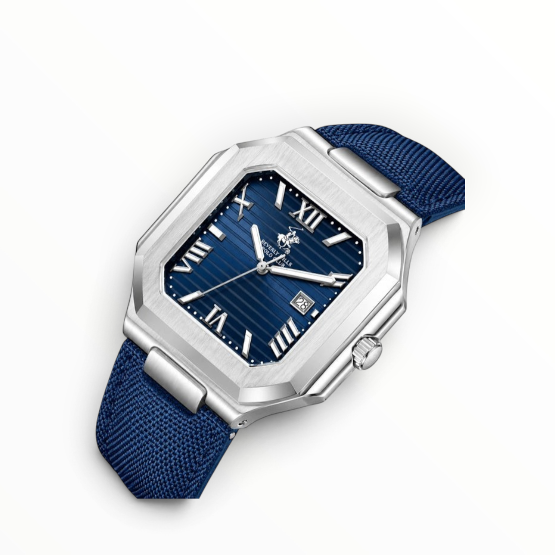 SUL EXTRAS Beverly Hills Polo Club men's watch with octagonal silver case, navy blue ribbed dial, and canvas strap.