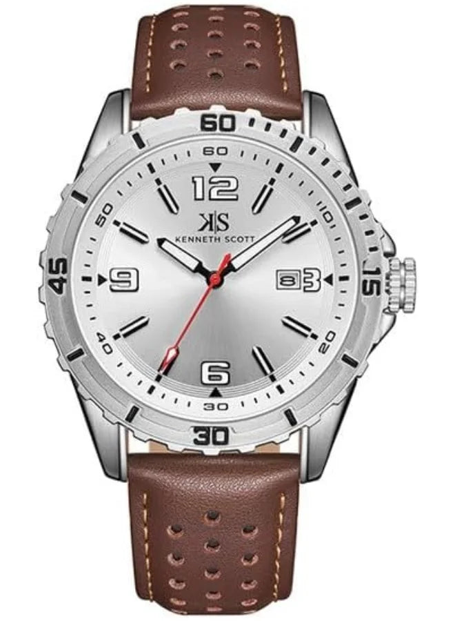 Kenneth Scott Men's seiko pc32 Movement Watch, Analog Display and Leather Strap - K24022-SLDW, Brown