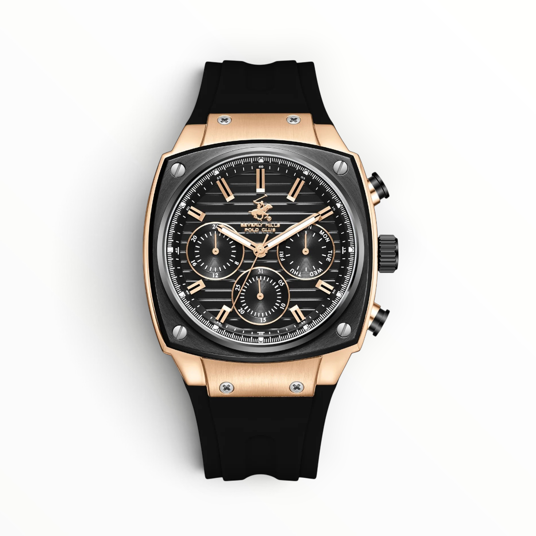 SUL EXTRAS Beverly Hills Polo Club men's chronograph watch with rose gold cushion case, black dial, and silicone strap.