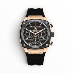 SUL EXTRAS Beverly Hills Polo Club men's chronograph watch with rose gold cushion case, black dial, and silicone strap.