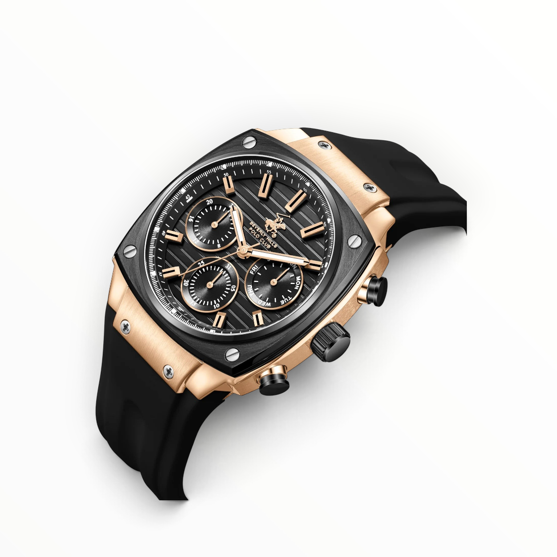 SUL EXTRAS Beverly Hills Polo Club men's chronograph watch with a rose gold and black cushion case and silicone strap.