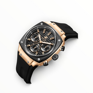 SUL EXTRAS Beverly Hills Polo Club men's chronograph watch with a rose gold and black cushion case and silicone strap.