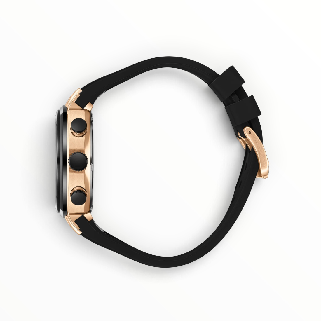 SUL EXTRAS Beverly Hills Polo Club men's chronograph watch with rose gold cushion case and black silicone strap side view