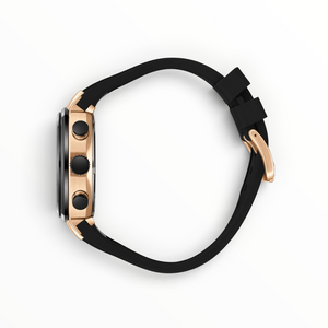 SUL EXTRAS Beverly Hills Polo Club men's chronograph watch with rose gold cushion case and black silicone strap side view