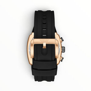 SUL EXTRAS Beverly Hills Polo Club men's watch featuring a black silicone strap and rose gold pin buckle.