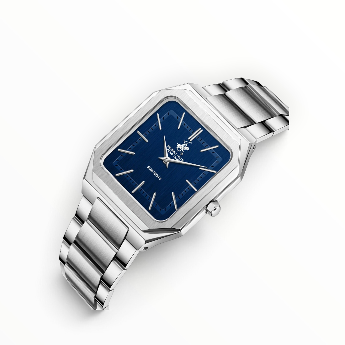 SUL EXTRAS Beverly Hills Polo Club Slim Tech 5 unisex watch with octagonal silver case and midnight blue dial.