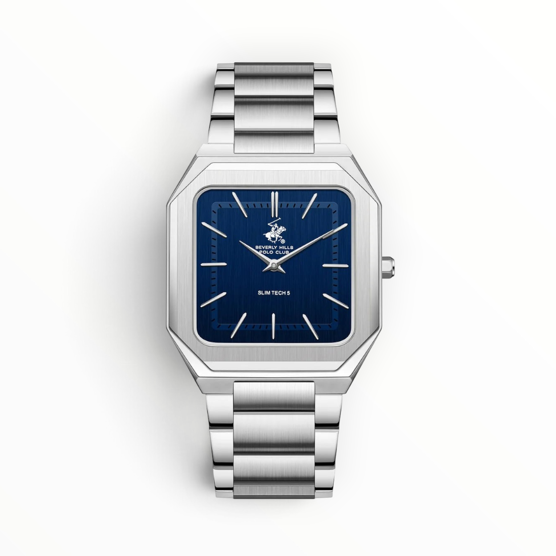 SUL EXTRAS Beverly Hills Polo Club Slim Tech 5 watch with octagonal silver case, midnight blue dial, and steel bracelet.