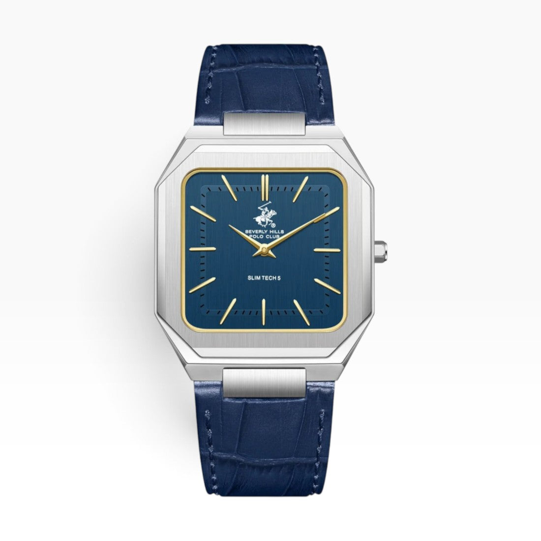 Beverly Hills Polo Club Slim Tech 5 | Midnight Blue Octagonal Silver Watch with Blue Leather Strap — 38mm