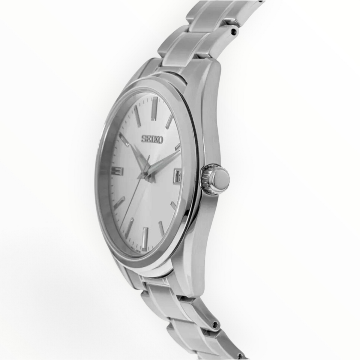 SUL EXTRAS Seiko Essentials Classic men's watch with silver sunray dial and stainless steel bracelet in side profile.