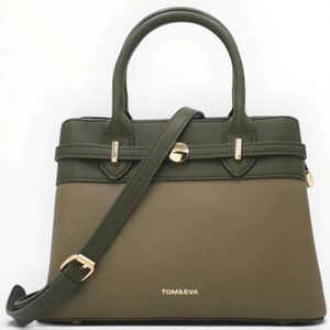 SUL EXTRAS Tom & Eva olive green structured handbag with decorative belt detail, gold hardware, and shoulder strap.