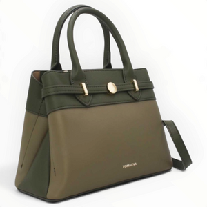 SUL EXTRAS Tom & Eva olive and khaki structured handbag with gold-tone belt detail and twin top handles
