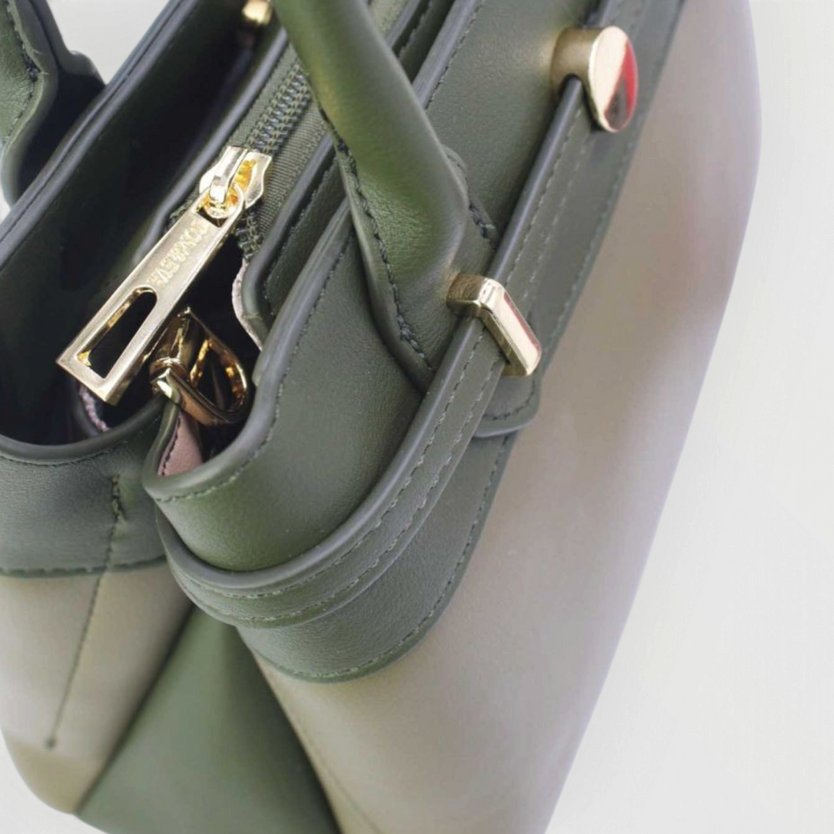 SUL EXTRAS Tom & Eva olive green structured handbag featuring gold-tone hardware, twin handles, and belt detail.