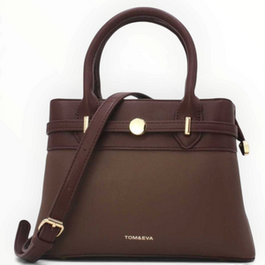 SUL EXTRAS Tom & Eva medium structured handbag in dark brown with gold-tone belt detail and detachable shoulder strap