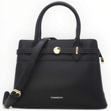 SUL EXTRAS Tom & Eva black structured handbag with gold-tone belt detail, twin handles, and shoulder strap