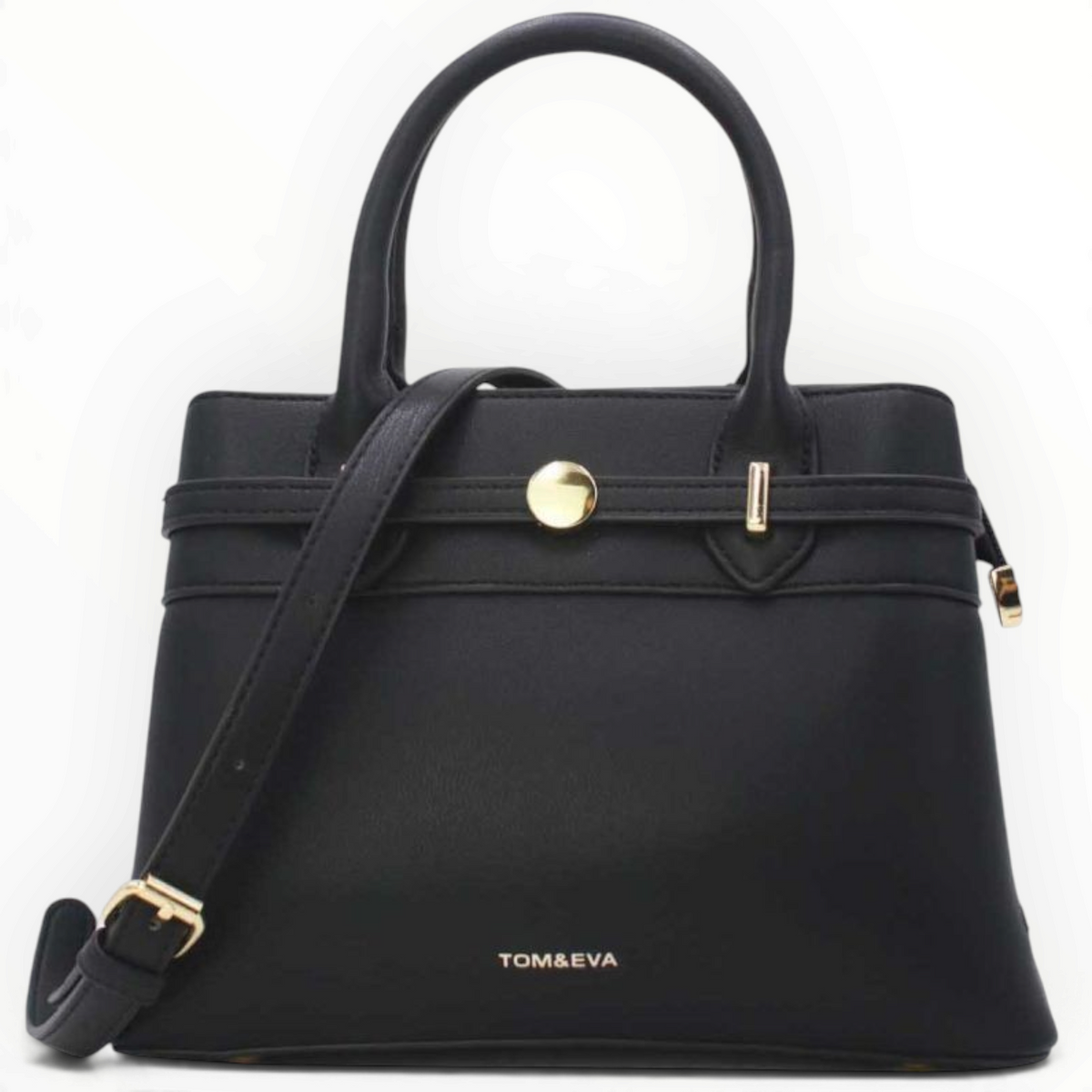 SUL EXTRAS Tom & Eva black structured handbag with gold-tone belt detail, twin handles, and shoulder strap