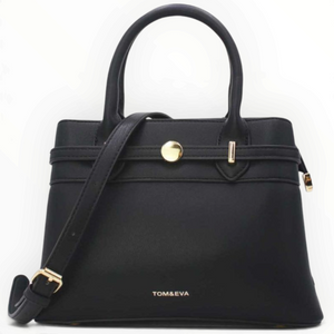 SUL EXTRAS Tom & Eva black structured handbag with gold-tone belt detail, twin handles, and shoulder strap