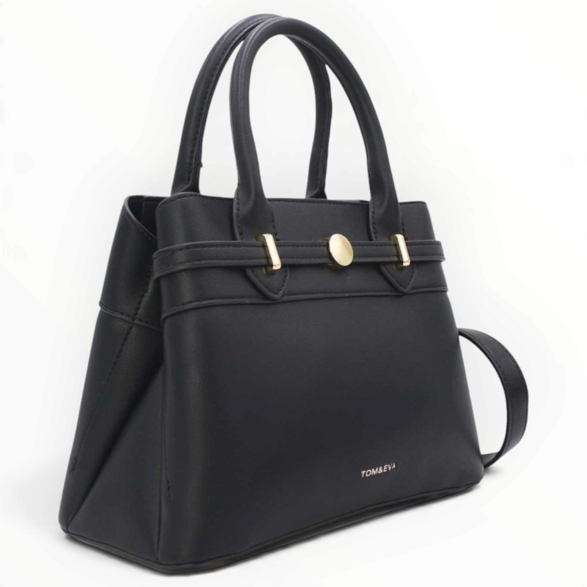 SUL EXTRAS Tom & Eva black structured handbag with decorative belt detail, gold-tone hardware, and twin top handles.