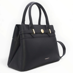 SUL EXTRAS Tom & Eva black structured handbag with decorative belt detail, gold-tone hardware, and twin top handles.