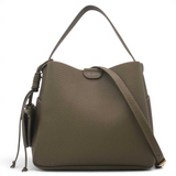 SUL EXTRAS Tom & Eva Noémie bucket bag in taupe grained synthetic leather with a handle and shoulder strap.