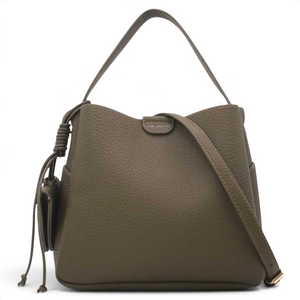 SUL EXTRAS Tom & Eva Noémie bucket bag in taupe grained synthetic leather with a handle and shoulder strap.