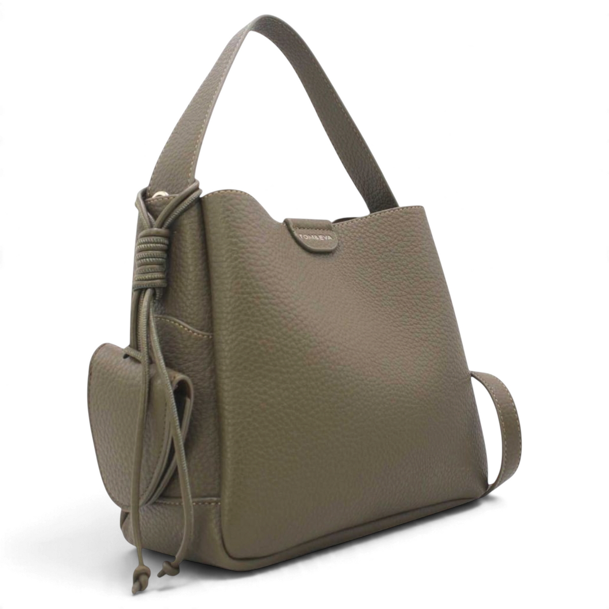 SUL EXTRAS Tom & Eva Noémie bucket bag in taupe grained synthetic leather with knotted side detail and key charm.