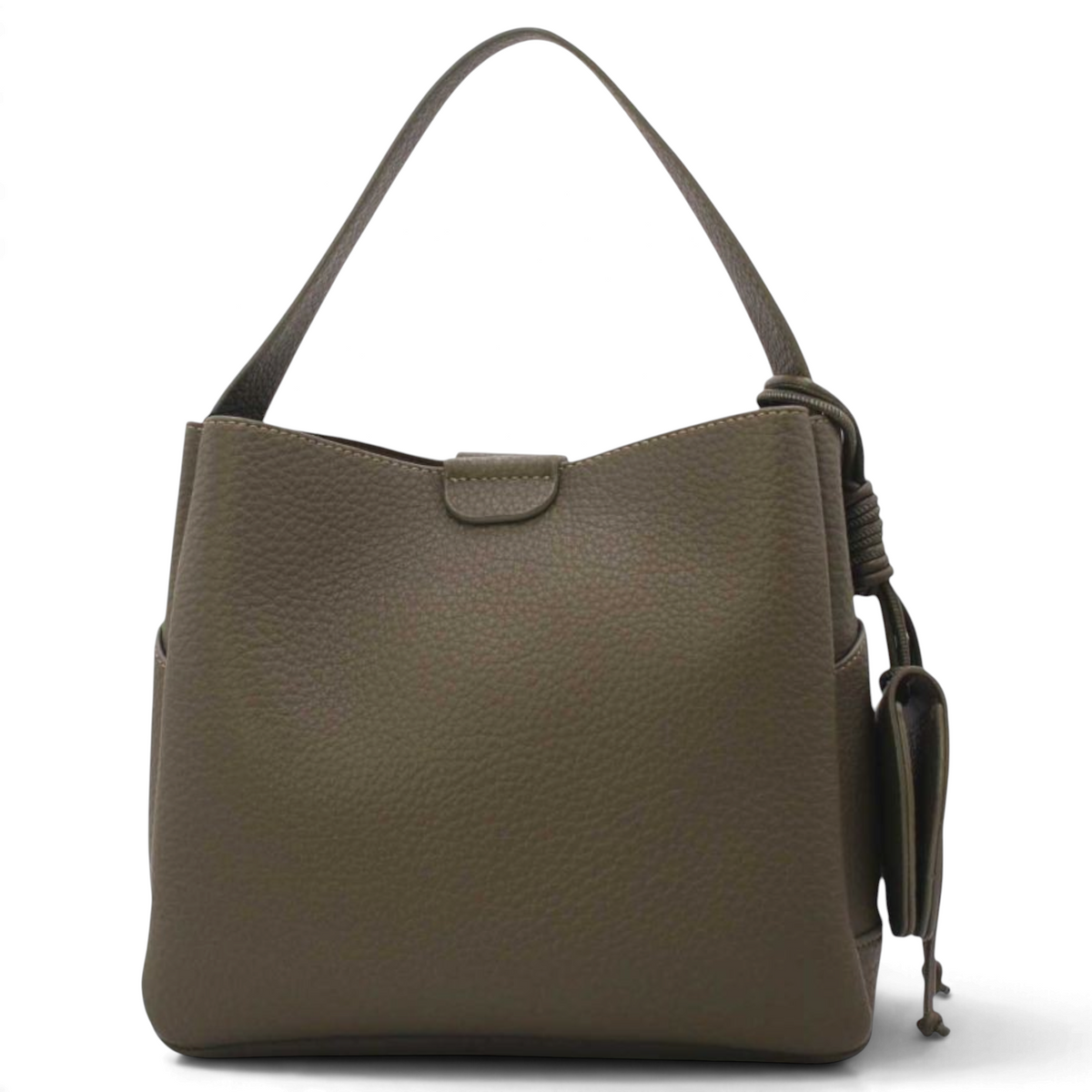 SUL EXTRAS Tom & Eva Noémie bucket bag in olive green with a grained synthetic finish and knotted side charm.