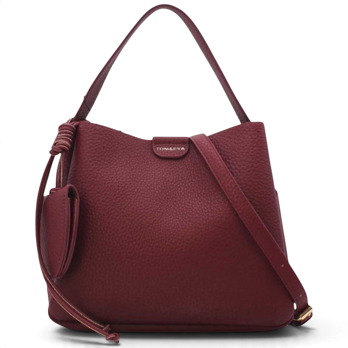 SUL EXTRAS Tom & Eva Noémie burgundy grained bucket bag with knotted detail, key charm, and adjustable shoulder strap.