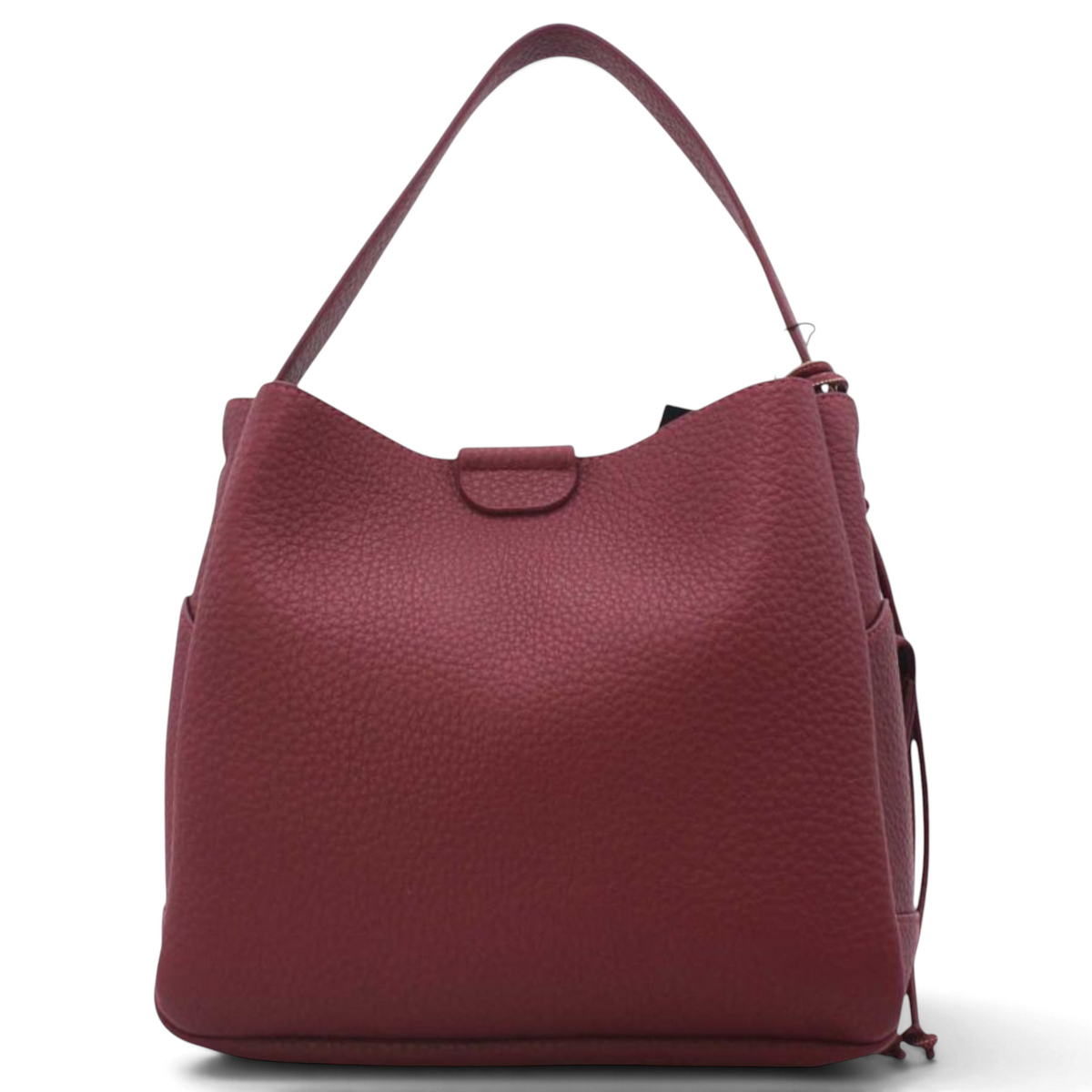 SUL EXTRAS Tom & Eva Noémie bucket bag in burgundy with a grained synthetic finish, short handle, and knotted detail.