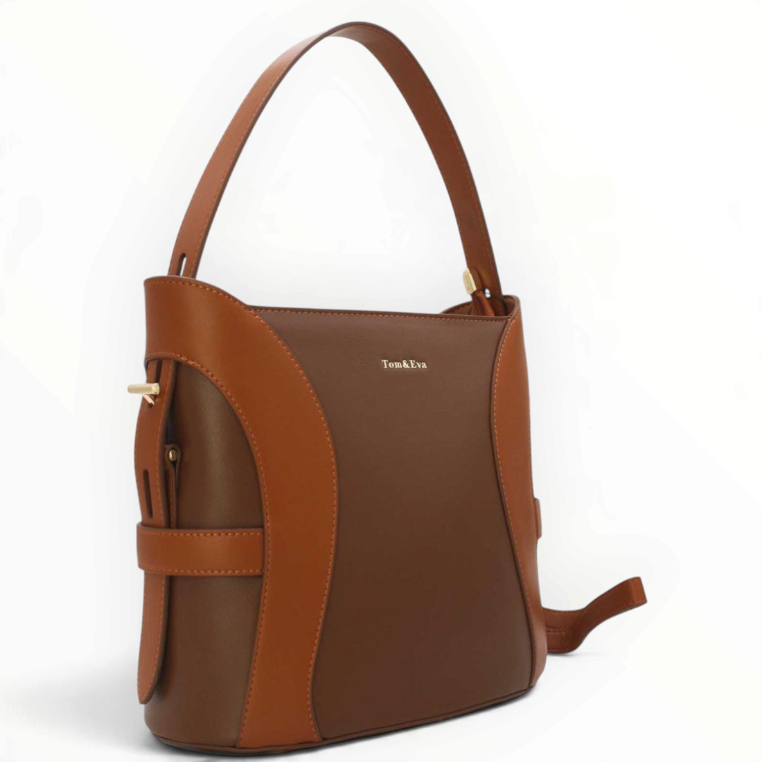 SUL EXTRAS Tom & Eva bucket bag in brown synthetic leather with curved panels, top handle, and gold-tone hardware.